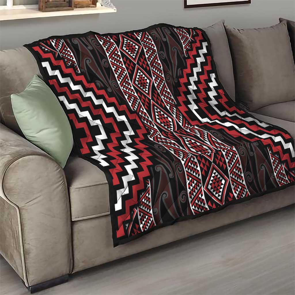 Red Tukutuku Pattern Aotearoa Quilt Niho Taniwha and Puhoro Motifs