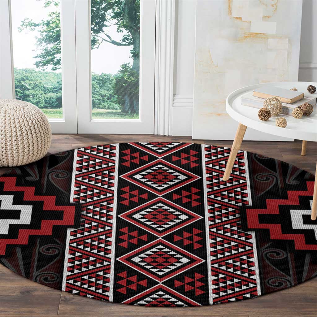 Red Tukutuku Pattern Aotearoa Round Carpet Niho Taniwha and Puhoro Motifs