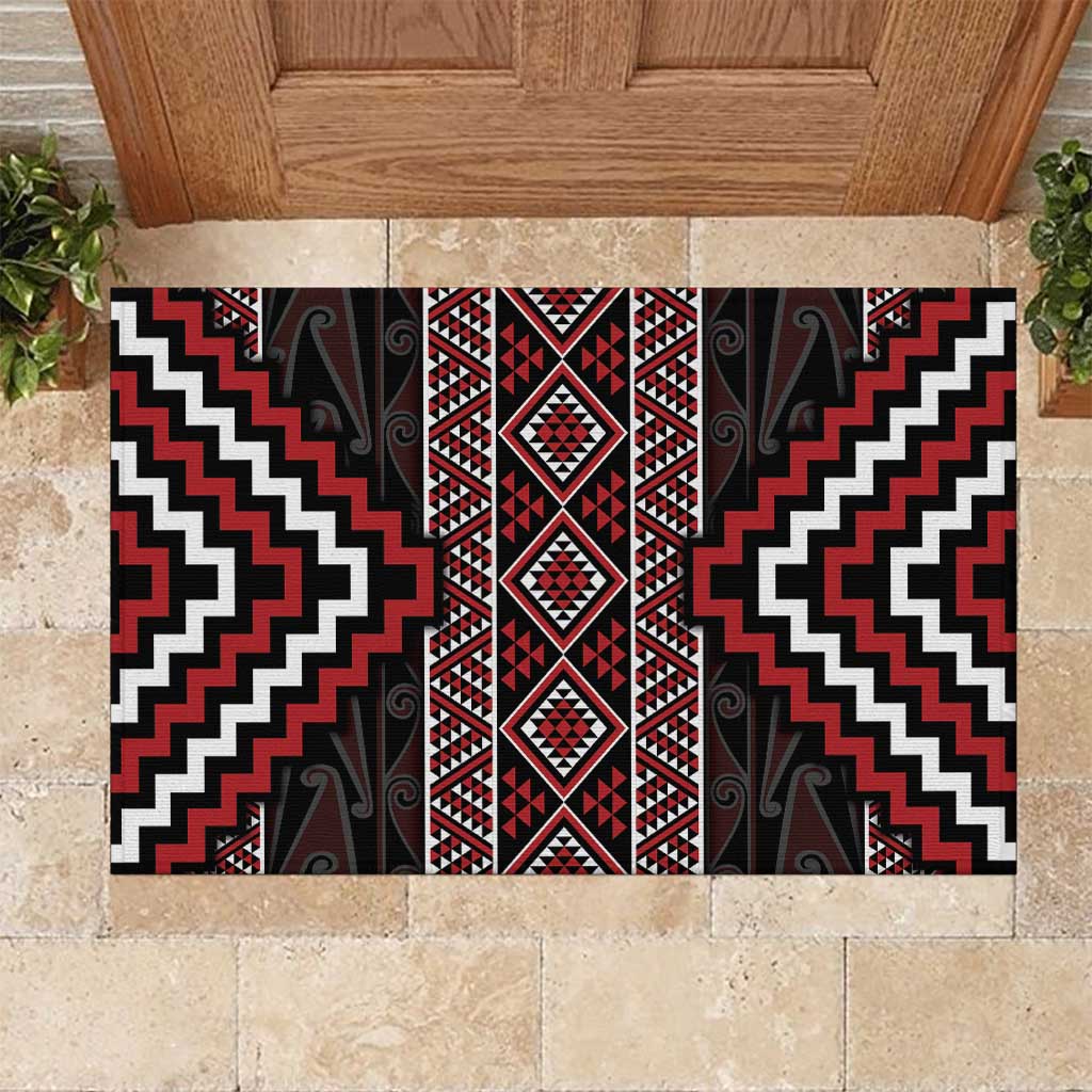 Red Tukutuku Pattern Aotearoa Rubber Doormat Niho Taniwha and Puhoro Motifs LT7 Red - Polynesian Pride