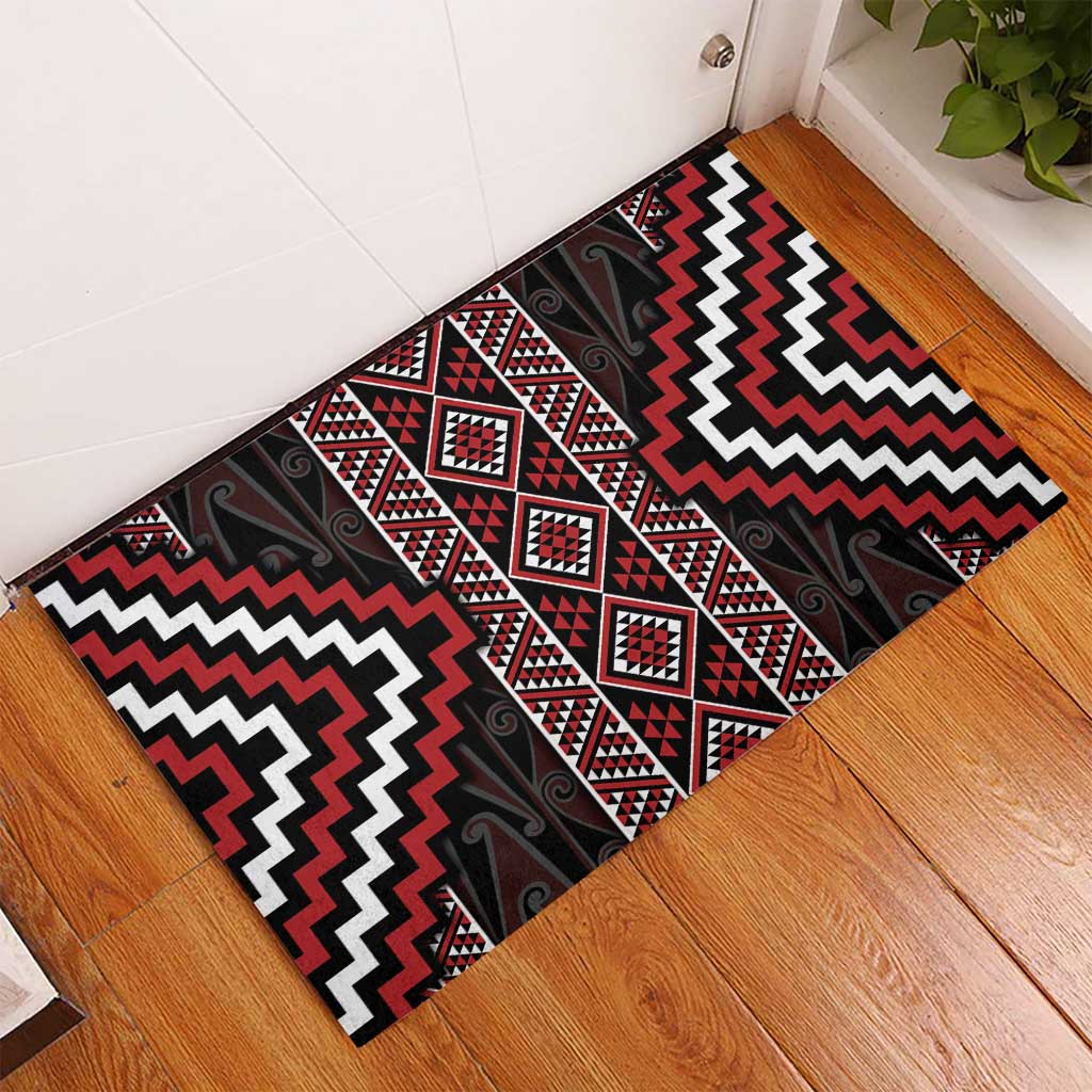 Red Tukutuku Pattern Aotearoa Rubber Doormat Niho Taniwha and Puhoro Motifs LT7 - Polynesian Pride