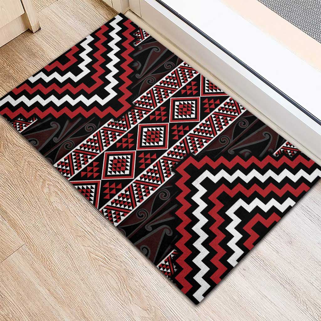 Red Tukutuku Pattern Aotearoa Rubber Doormat Niho Taniwha and Puhoro Motifs LT7 - Polynesian Pride
