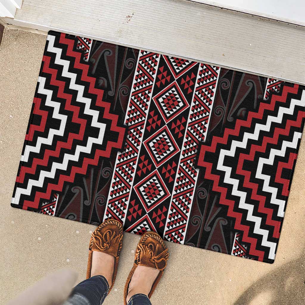 Red Tukutuku Pattern Aotearoa Rubber Doormat Niho Taniwha and Puhoro Motifs LT7 - Polynesian Pride