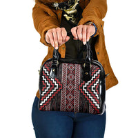 Red Tukutuku Pattern Aotearoa Shoulder Handbag Niho Taniwha and Puhoro Motifs