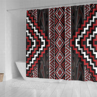 Red Tukutuku Pattern Aotearoa Shower Curtain Niho Taniwha and Puhoro Motifs