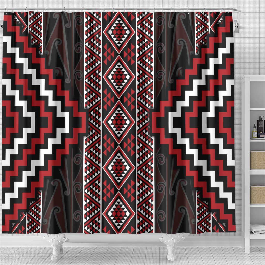 Red Tukutuku Pattern Aotearoa Shower Curtain Niho Taniwha and Puhoro Motifs