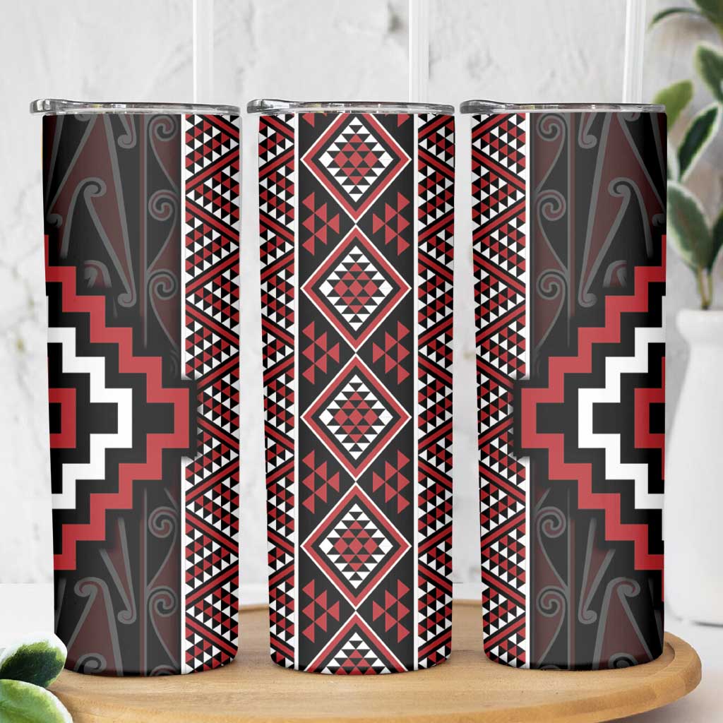 Red Tukutuku Pattern Aotearoa Skinny Tumbler Niho Taniwha and Puhoro Motifs