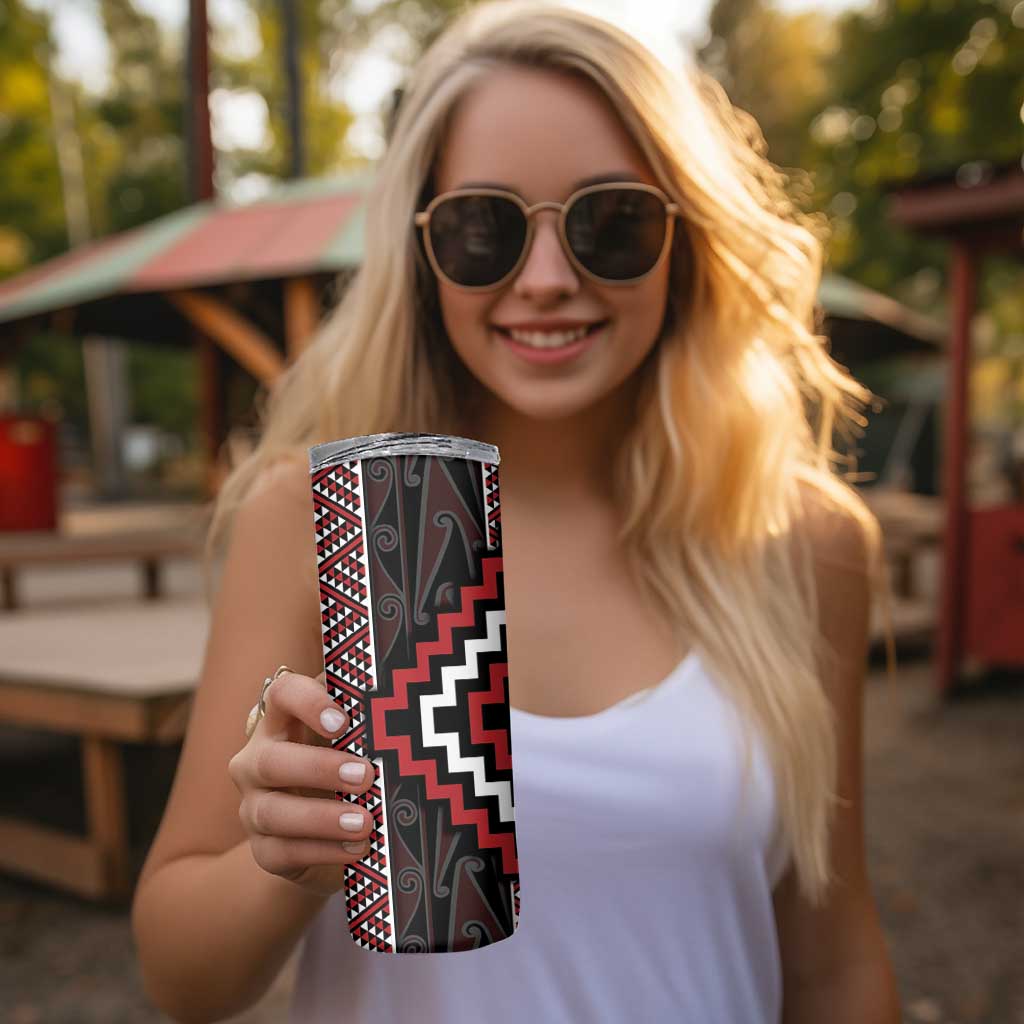 Red Tukutuku Pattern Aotearoa Skinny Tumbler Niho Taniwha and Puhoro Motifs