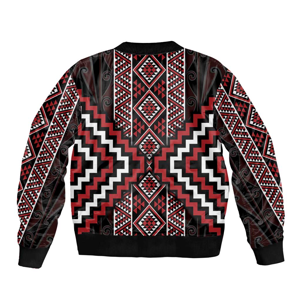 Red Tukutuku Pattern Aotearoa Sleeve Zip Bomber Jacket Niho Taniwha and Puhoro Motifs