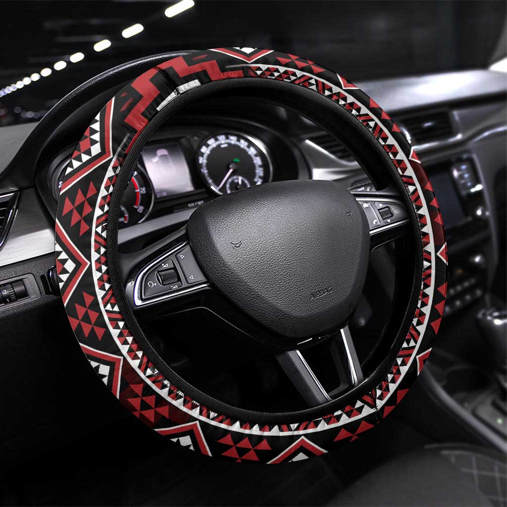 Red Tukutuku Pattern Aotearoa Steering Wheel Cover Niho Taniwha and Puhoro Motifs LT7 Universal Fit Red - Polynesian Pride