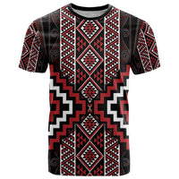 Red Tukutuku Pattern Aotearoa T Shirt Niho Taniwha and Puhoro Motifs