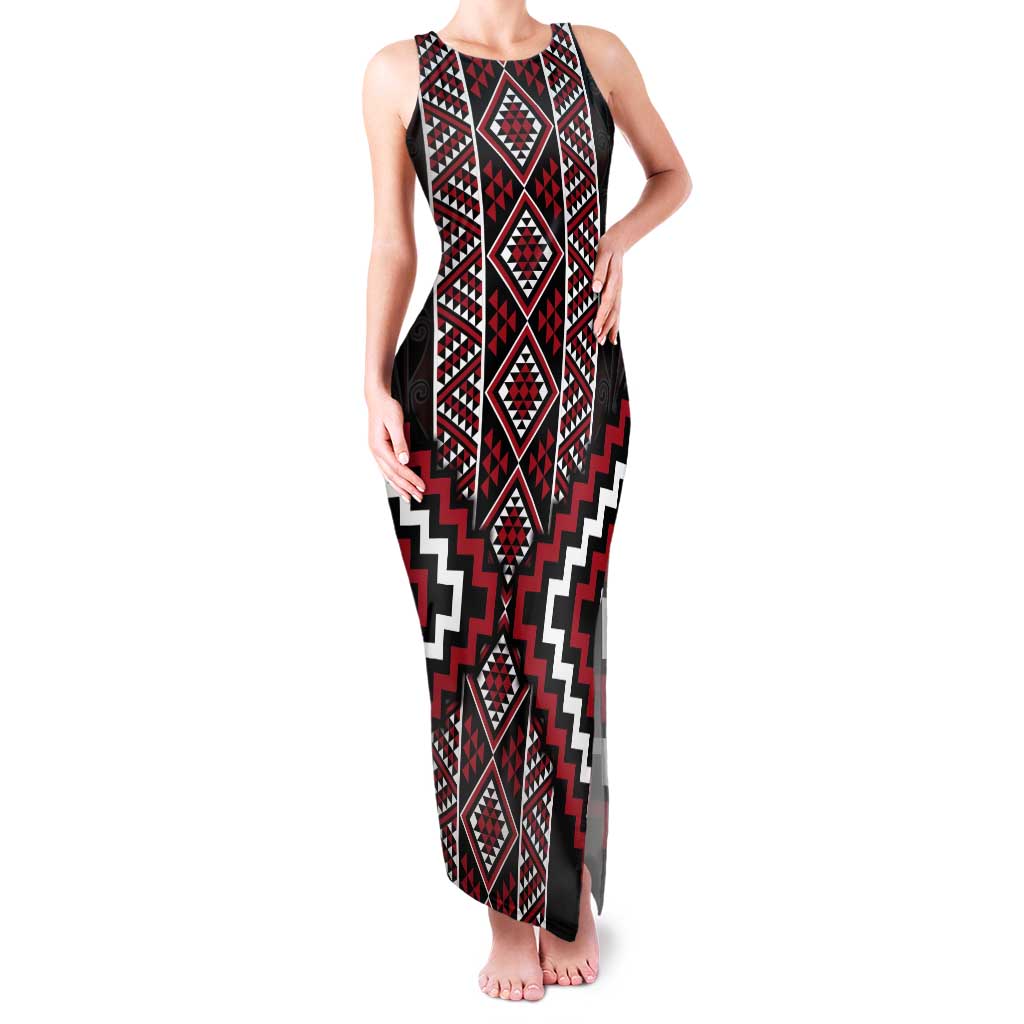 Red Tukutuku Pattern Aotearoa Tank Maxi Dress Niho Taniwha and Puhoro Motifs LT7 Women Red - Polynesian Pride
