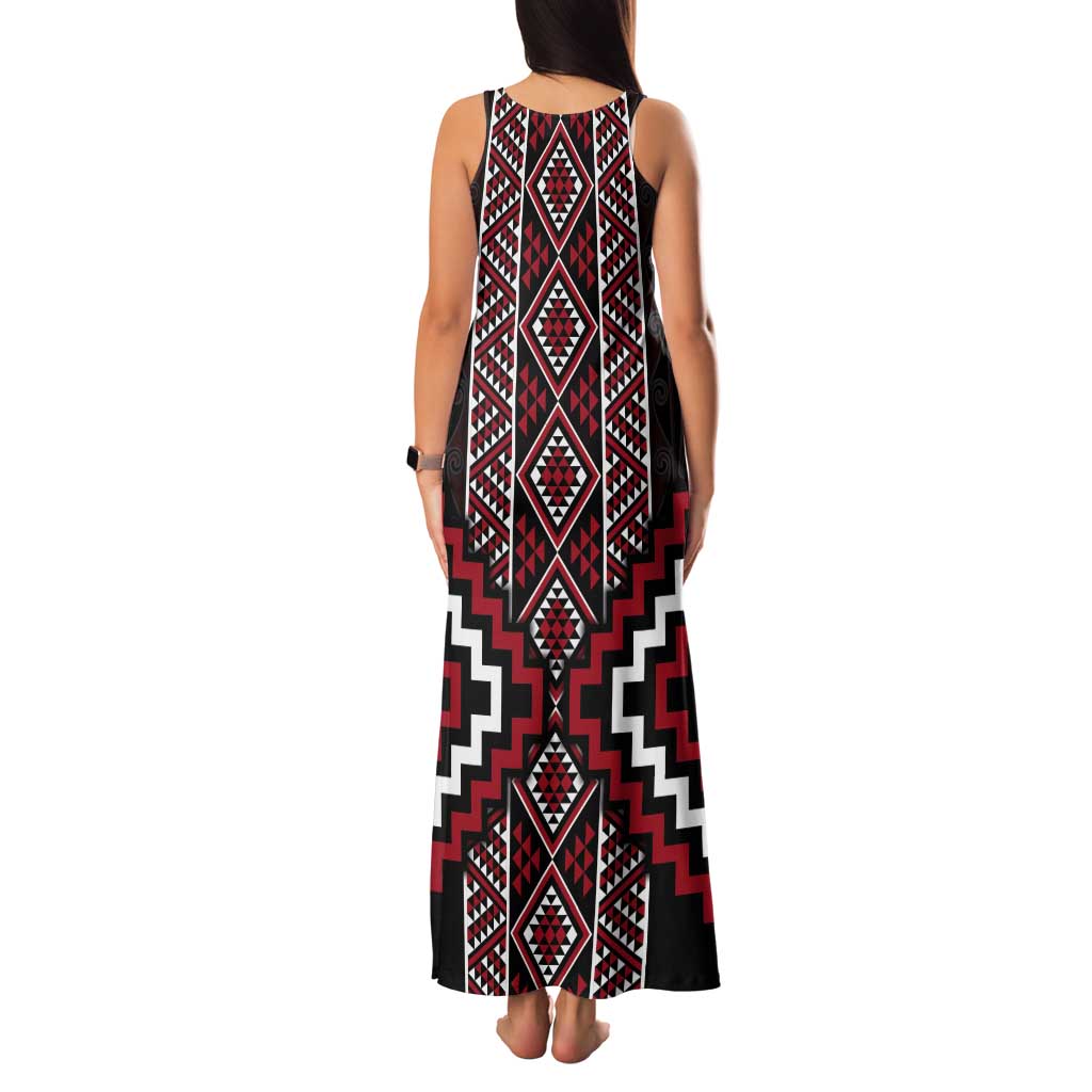 Red Tukutuku Pattern Aotearoa Tank Maxi Dress Niho Taniwha and Puhoro Motifs LT7 - Polynesian Pride