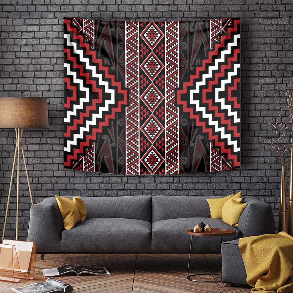 Red Tukutuku Pattern Aotearoa Tapestry Niho Taniwha and Puhoro Motifs