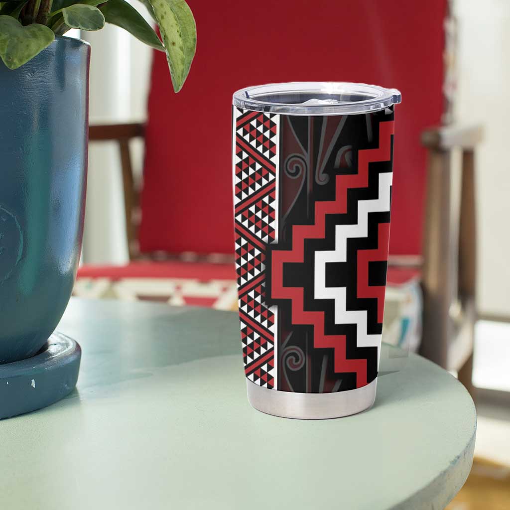 Red Tukutuku Pattern Aotearoa Tumbler Cup Niho Taniwha and Puhoro Motifs LT7 - Polynesian Pride
