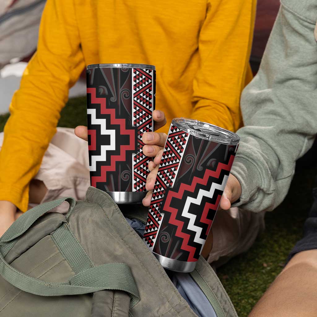 Red Tukutuku Pattern Aotearoa Tumbler Cup Niho Taniwha and Puhoro Motifs LT7 - Polynesian Pride