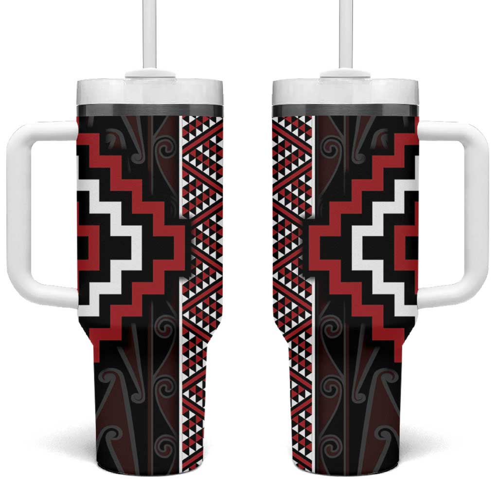 Red Tukutuku Pattern Aotearoa Tumbler With Handle Niho Taniwha and Puhoro Motifs LT7 One Size: 40 oz Red - Polynesian Pride
