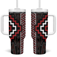 Red Tukutuku Pattern Aotearoa Tumbler With Handle Niho Taniwha and Puhoro Motifs LT7 One Size: 40 oz Red - Polynesian Pride