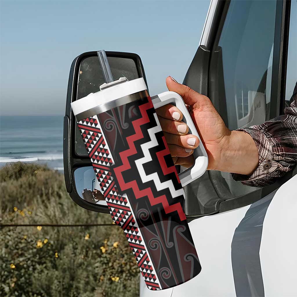 Red Tukutuku Pattern Aotearoa Tumbler With Handle Niho Taniwha and Puhoro Motifs LT7 - Polynesian Pride