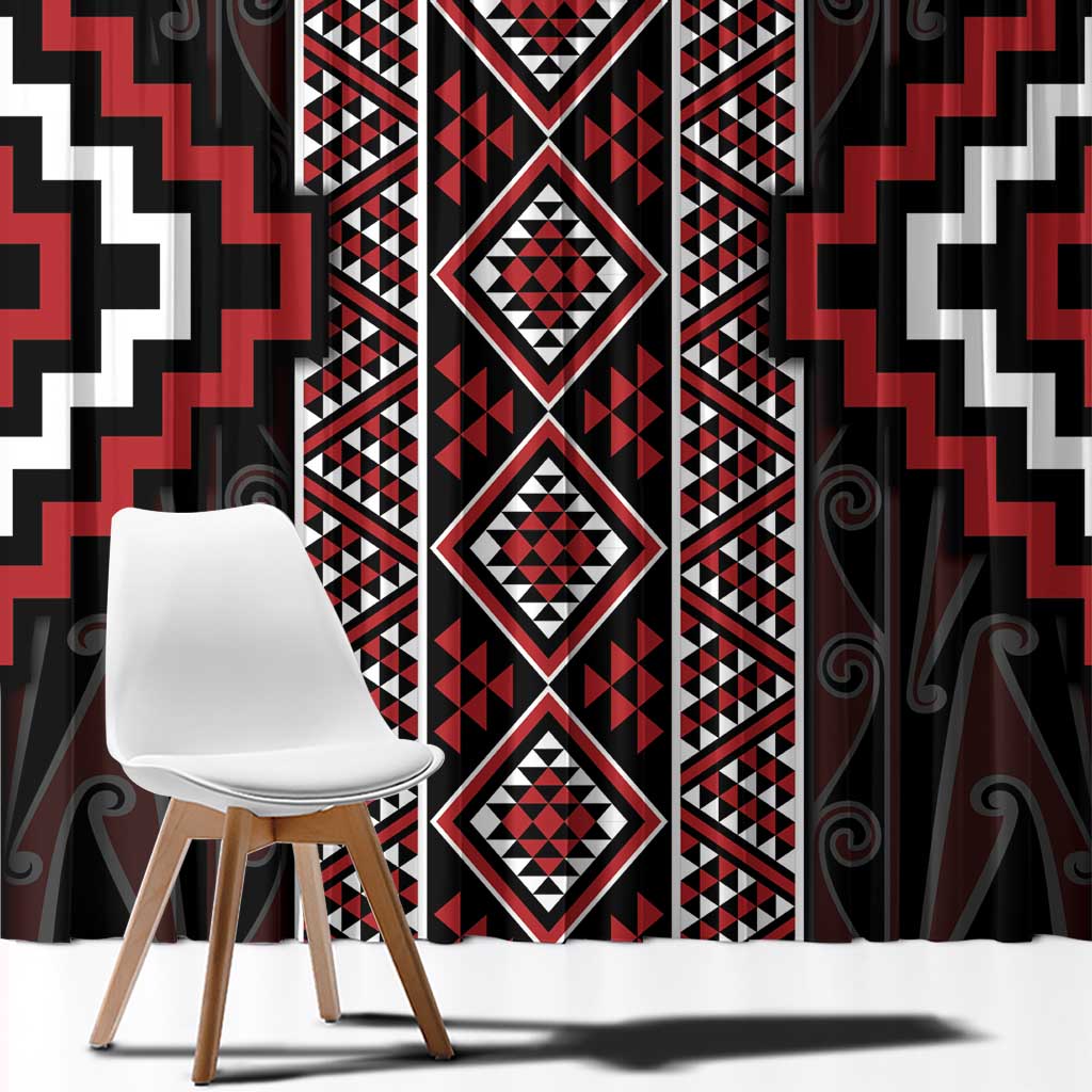 Red Tukutuku Pattern Aotearoa Window Curtain Niho Taniwha and Puhoro Motifs LT7 - Polynesian Pride