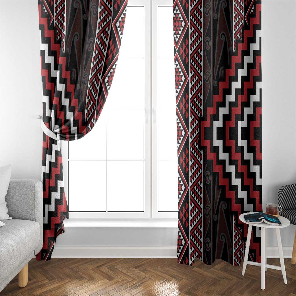 Red Tukutuku Pattern Aotearoa Window Curtain Niho Taniwha and Puhoro Motifs LT7 - Polynesian Pride