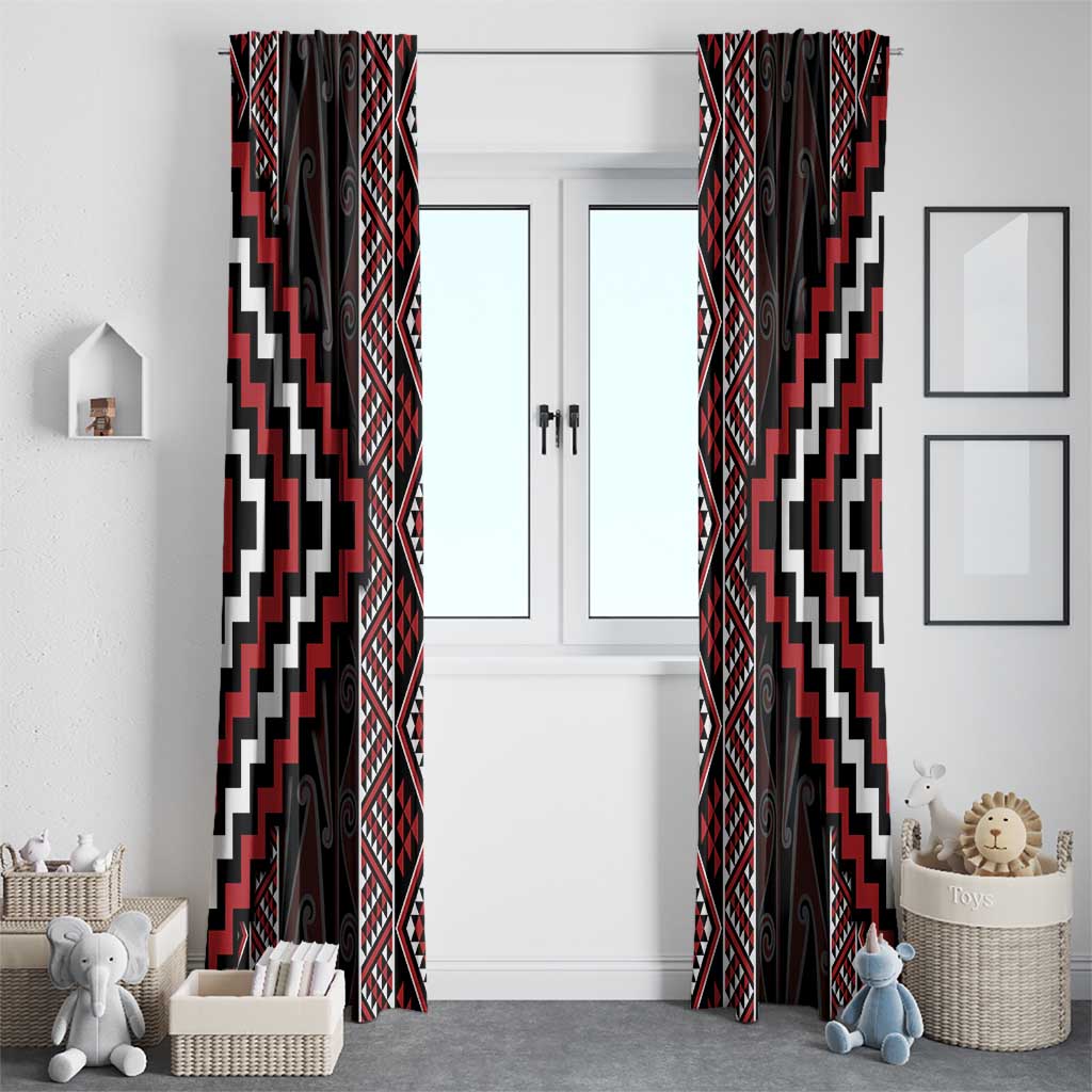 Red Tukutuku Pattern Aotearoa Window Curtain Niho Taniwha and Puhoro Motifs LT7 - Polynesian Pride