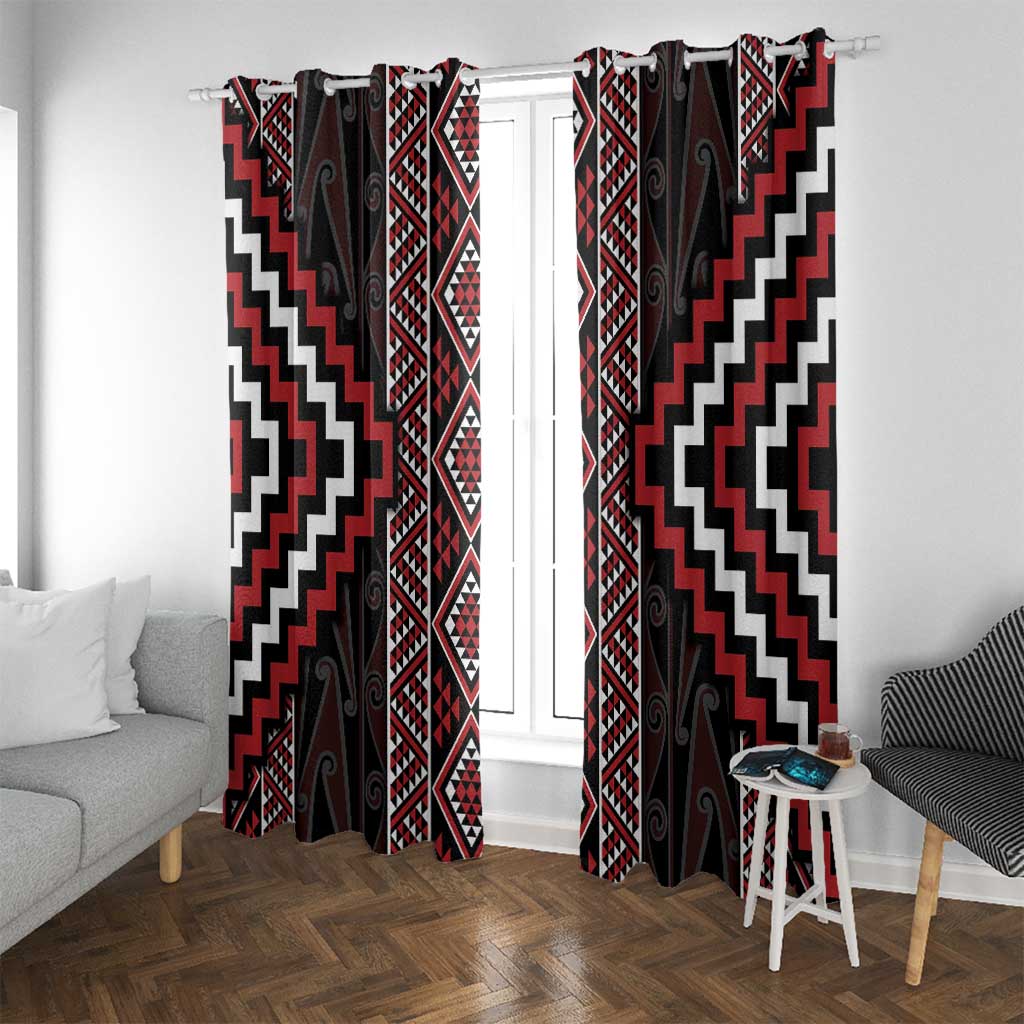 Red Tukutuku Pattern Aotearoa Window Curtain Niho Taniwha and Puhoro Motifs LT7 With Grommets Red - Polynesian Pride