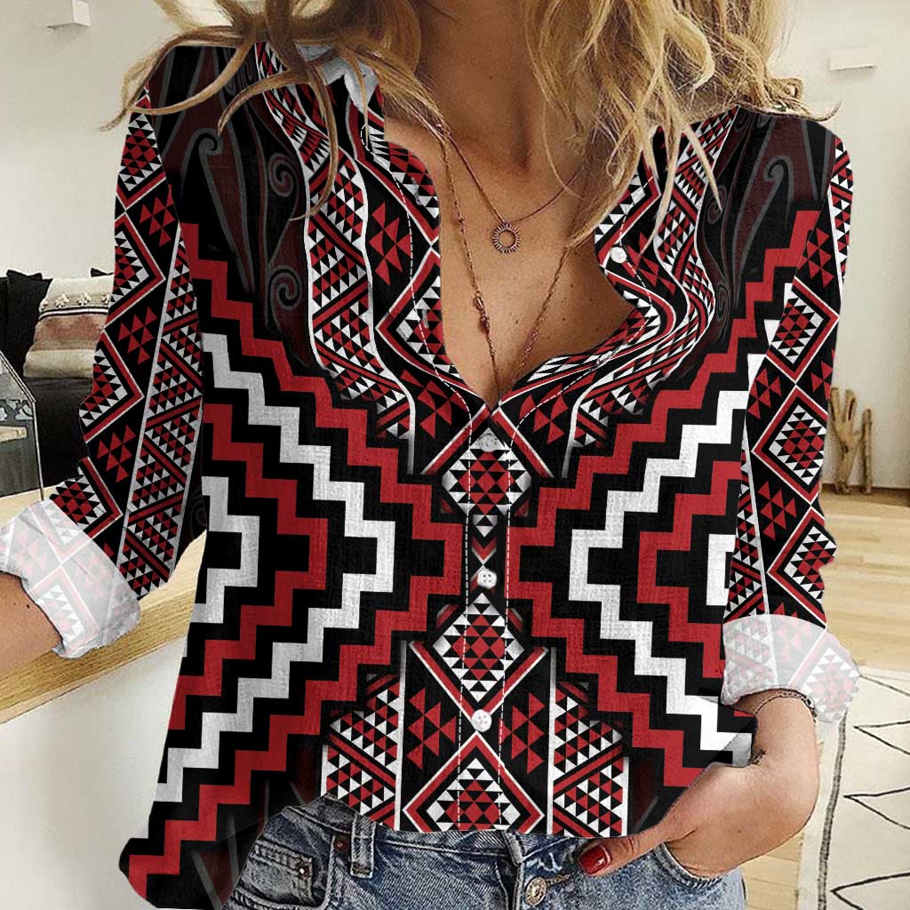 Red Tukutuku Pattern Aotearoa Women Casual Shirt Niho Taniwha and Puhoro Motifs