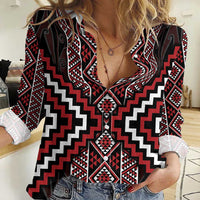 Red Tukutuku Pattern Aotearoa Women Casual Shirt Niho Taniwha and Puhoro Motifs