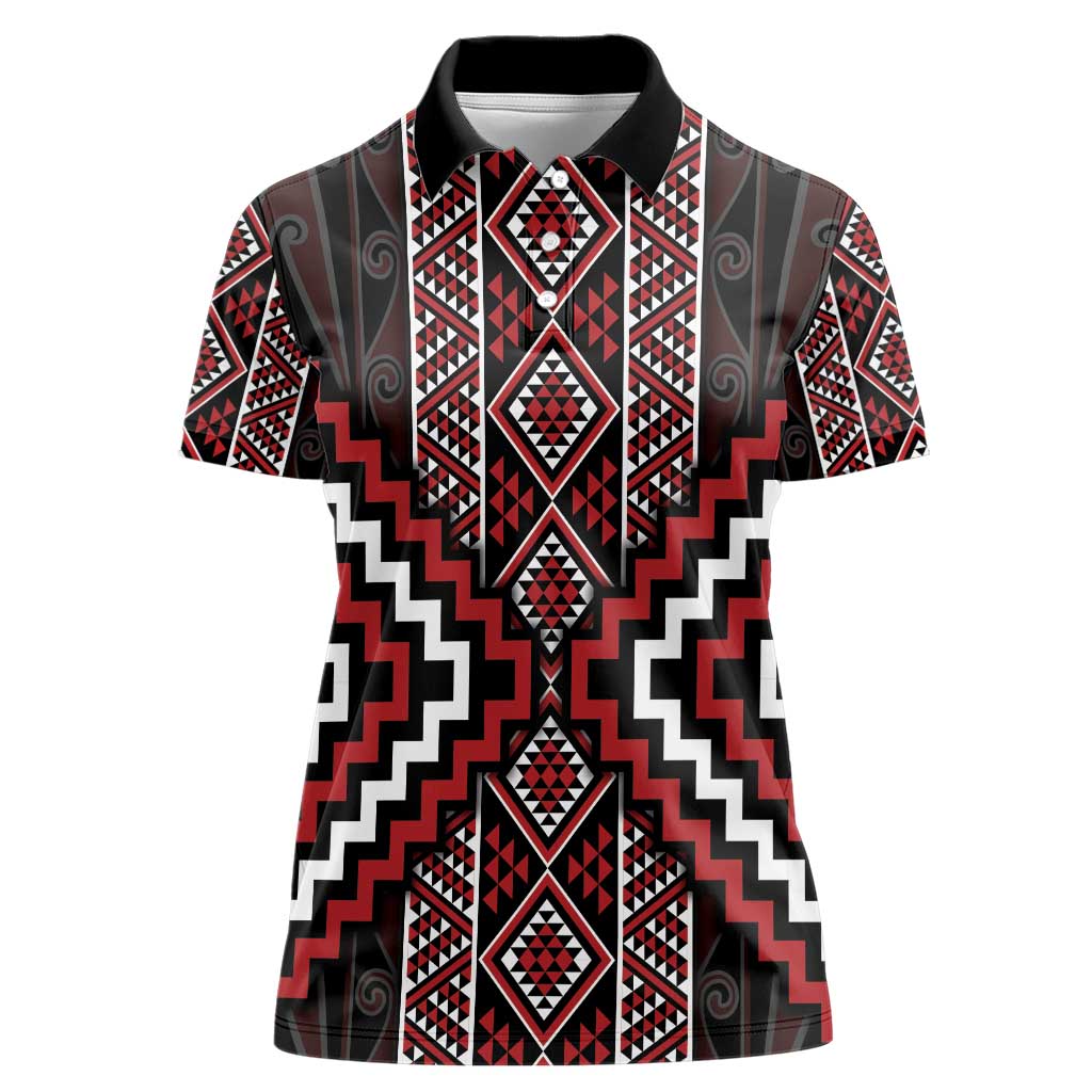 Red Tukutuku Pattern Aotearoa Women Polo Shirt Niho Taniwha and Puhoro Motifs