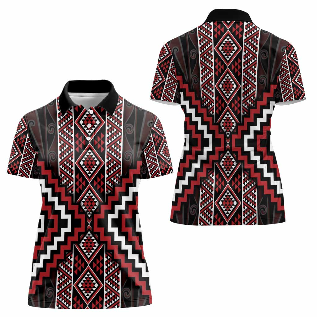 Red Tukutuku Pattern Aotearoa Women Polo Shirt Niho Taniwha and Puhoro Motifs