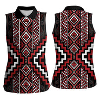 Red Tukutuku Pattern Aotearoa Women Sleeveless Polo Shirt Niho Taniwha and Puhoro Motifs