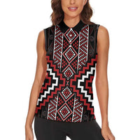 Red Tukutuku Pattern Aotearoa Women Sleeveless Polo Shirt Niho Taniwha and Puhoro Motifs