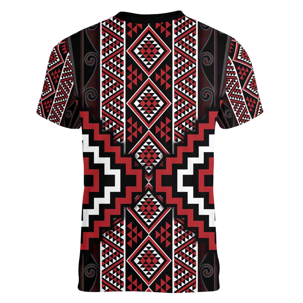 Red Tukutuku Pattern Aotearoa Women V-Neck T-Shirt Niho Taniwha and Puhoro Motifs LT7 - Polynesian Pride
