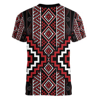 Red Tukutuku Pattern Aotearoa Women V-Neck T-Shirt Niho Taniwha and Puhoro Motifs LT7 - Polynesian Pride