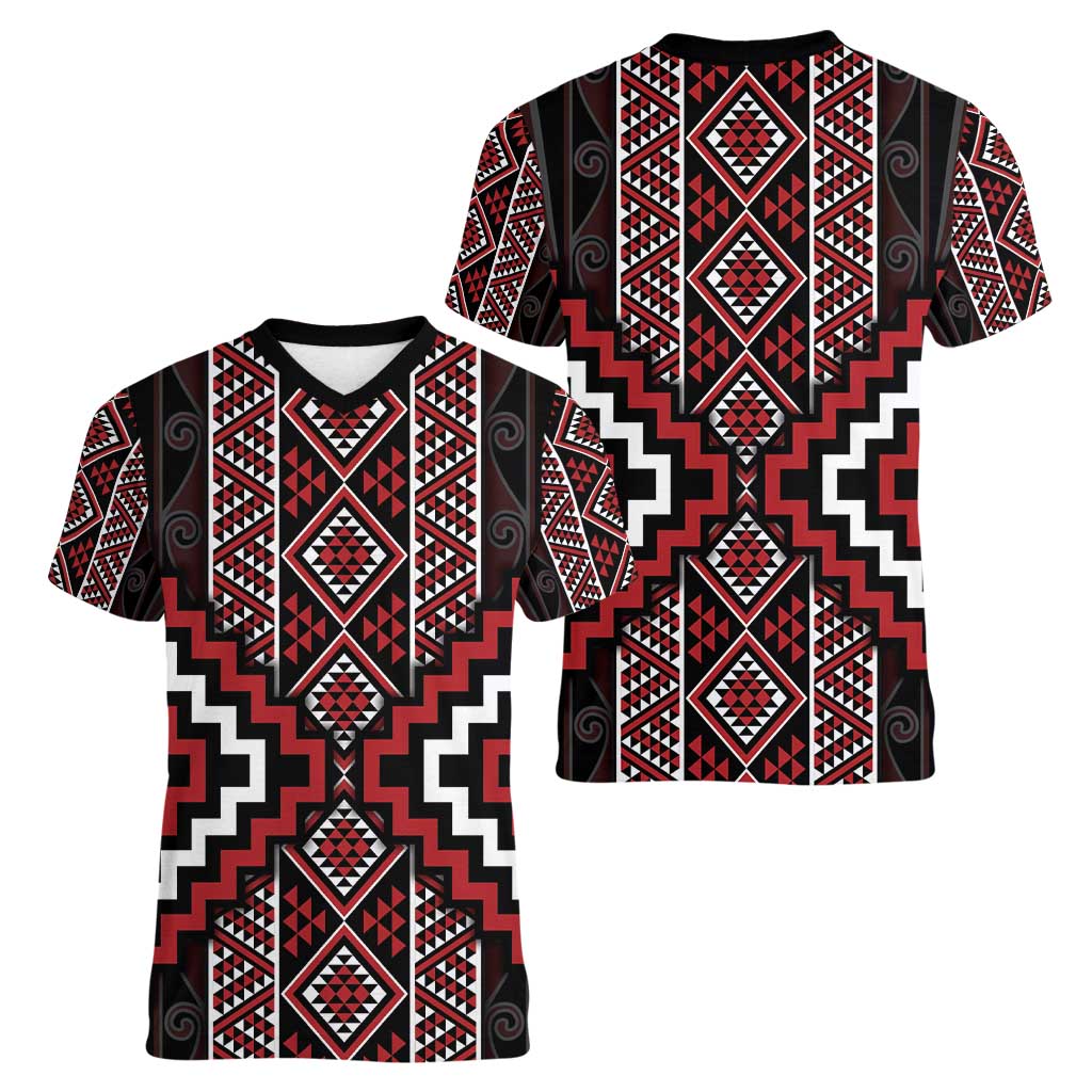 Red Tukutuku Pattern Aotearoa Women V-Neck T-Shirt Niho Taniwha and Puhoro Motifs LT7 - Polynesian Pride