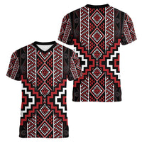 Red Tukutuku Pattern Aotearoa Women V-Neck T-Shirt Niho Taniwha and Puhoro Motifs LT7 - Polynesian Pride