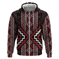 Red Tukutuku Pattern Aotearoa Zip Hoodie Niho Taniwha and Puhoro Motifs