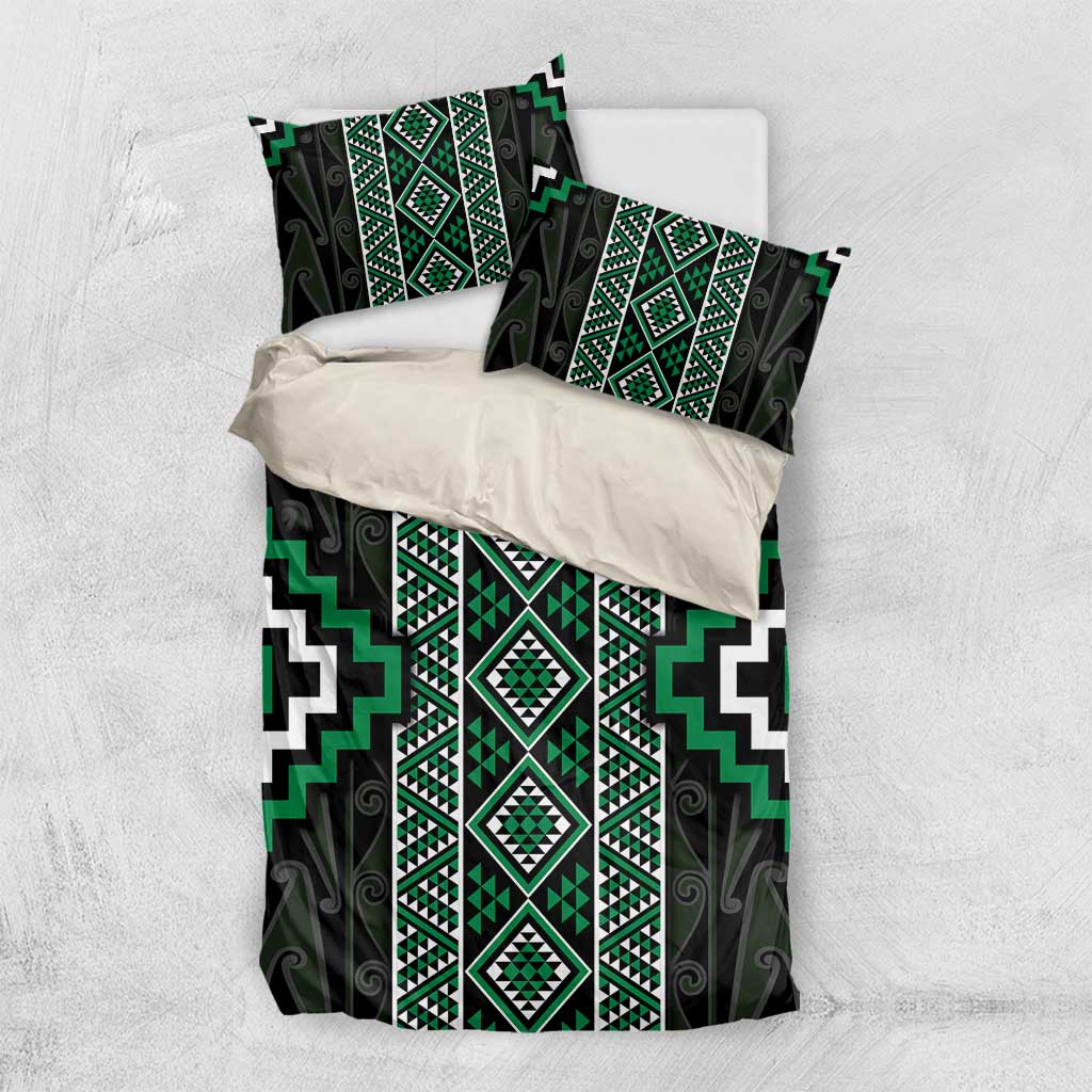 Jade Tukutuku Pattern Aotearoa Bedding Set Niho Taniwha and Puhoro Motifs