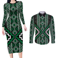 Jade Tukutuku Pattern Aotearoa Couples Matching Long Sleeve Bodycon Dress and Long Sleeve Button Shirt Niho Taniwha and Puhoro Motifs