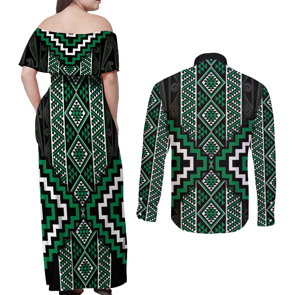 Jade Tukutuku Pattern Aotearoa Couples Matching Off Shoulder Maxi Dress and Long Sleeve Button Shirt Niho Taniwha and Puhoro Motifs LT7 - Polynesian Pride