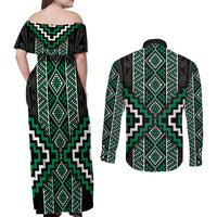Jade Tukutuku Pattern Aotearoa Couples Matching Off Shoulder Maxi Dress and Long Sleeve Button Shirt Niho Taniwha and Puhoro Motifs LT7 - Polynesian Pride