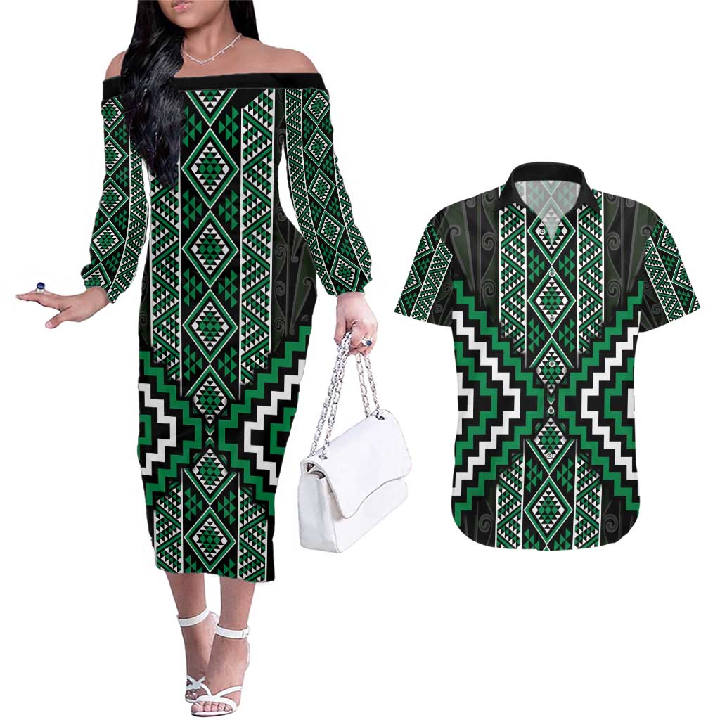 Jade Tukutuku Pattern Aotearoa Couples Matching Off The Shoulder Long Sleeve Dress and Hawaiian Shirt Niho Taniwha and Puhoro Motifs LT7 Green - Polynesian Pride