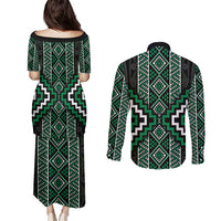 Jade Tukutuku Pattern Aotearoa Couples Matching Puletasi and Long Sleeve Button Shirt Niho Taniwha and Puhoro Motifs LT7 - Polynesian Pride