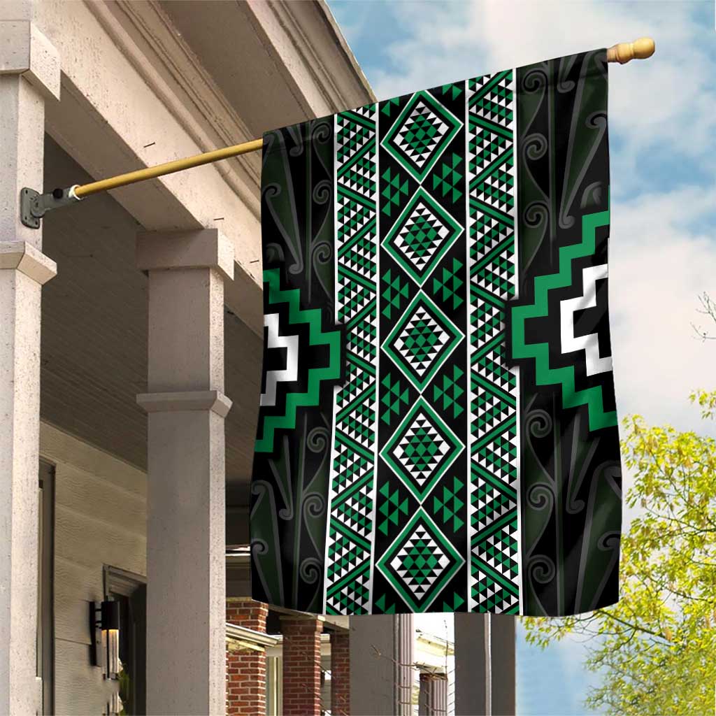 Jade Tukutuku Pattern Aotearoa Garden Flag Niho Taniwha and Puhoro Motifs