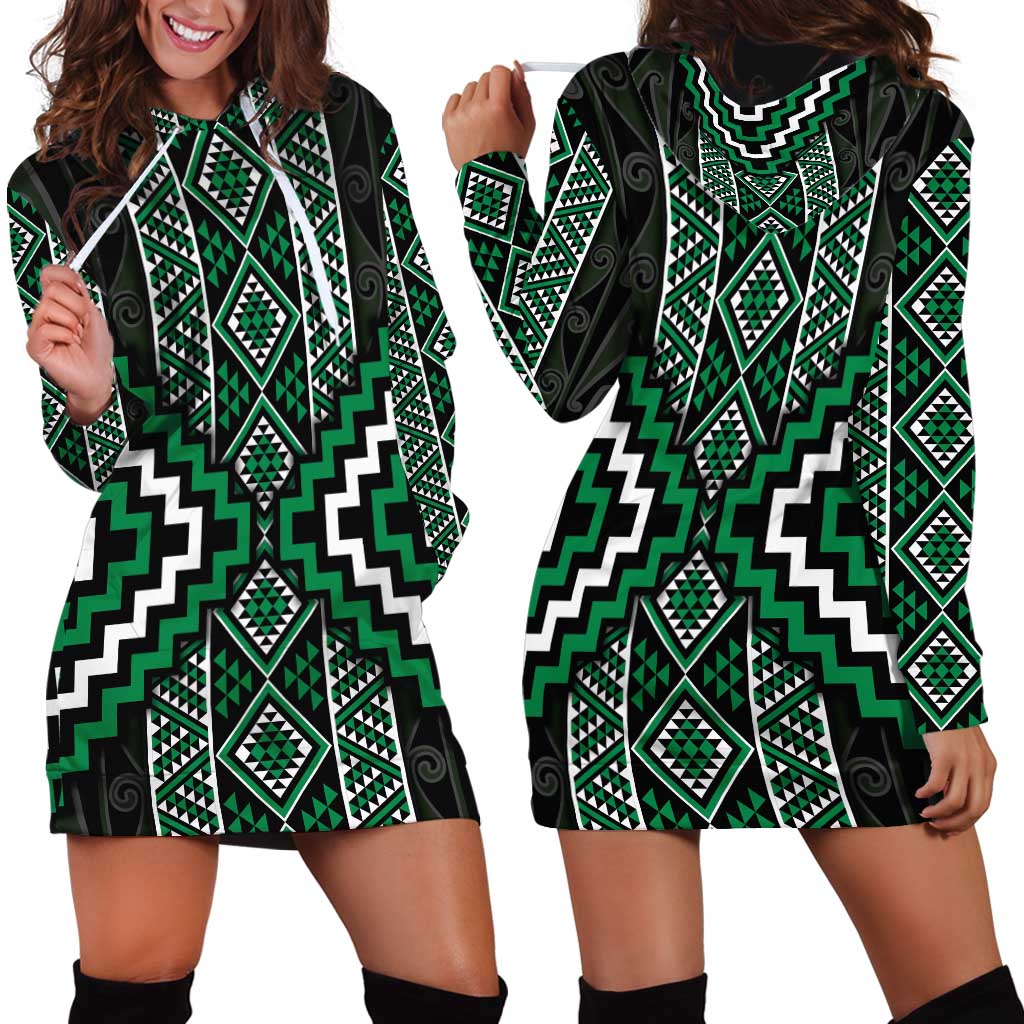 Jade Tukutuku Pattern Aotearoa Hoodie Dress Niho Taniwha and Puhoro Motifs LT7 - Polynesian Pride