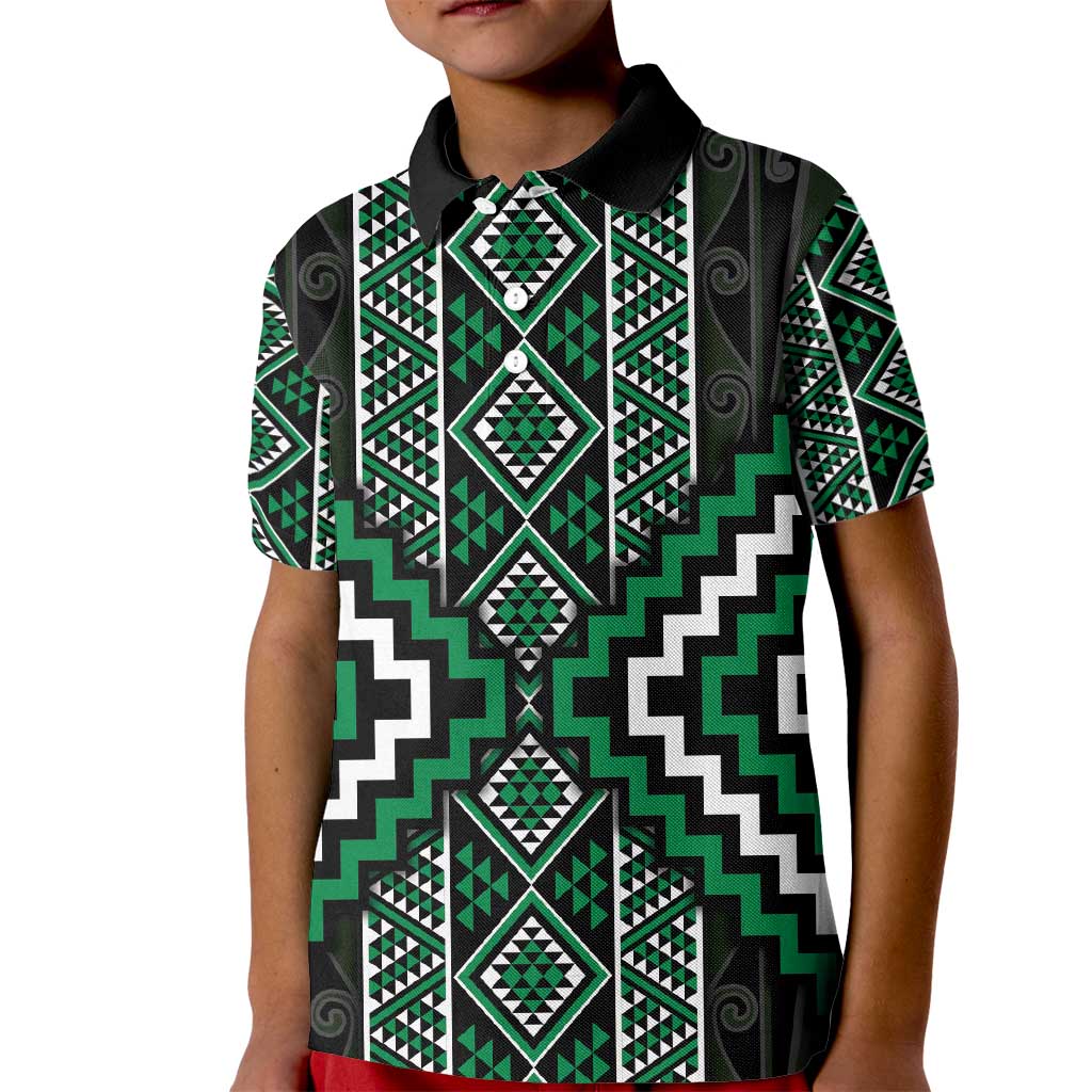 Jade Tukutuku Pattern Aotearoa Kid Polo Shirt Niho Taniwha and Puhoro Motifs