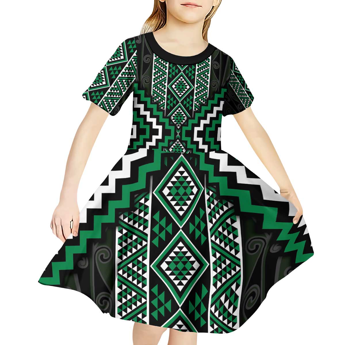 Jade Tukutuku Pattern Aotearoa Kid Short Sleeve Dress Niho Taniwha and Puhoro Motifs