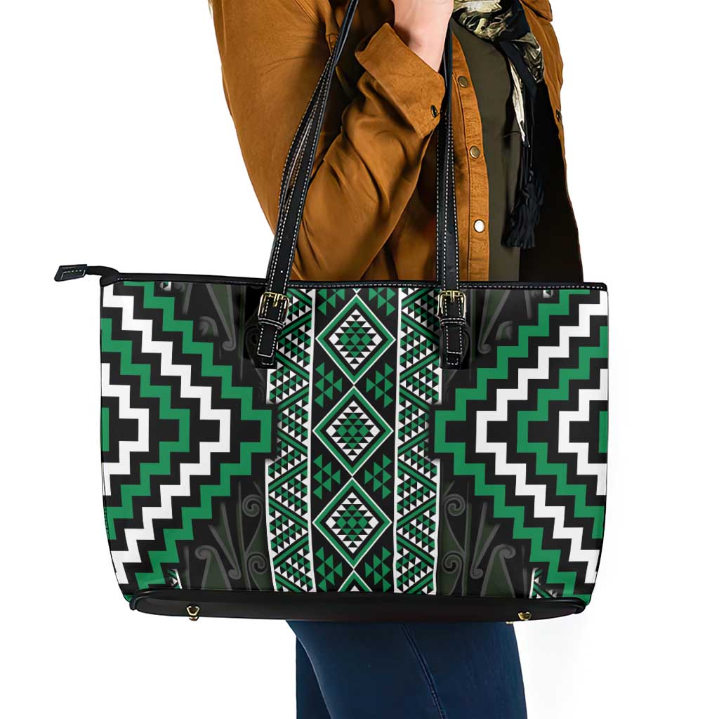 Jade Tukutuku Pattern Aotearoa Leather Tote Bag Niho Taniwha and Puhoro Motifs