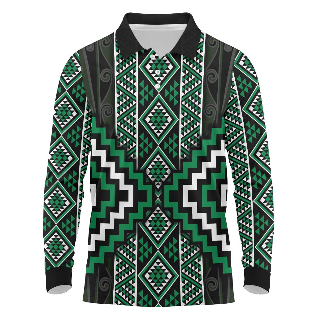 Jade Tukutuku Pattern Aotearoa Long Sleeve Polo Shirt Niho Taniwha and Puhoro Motifs
