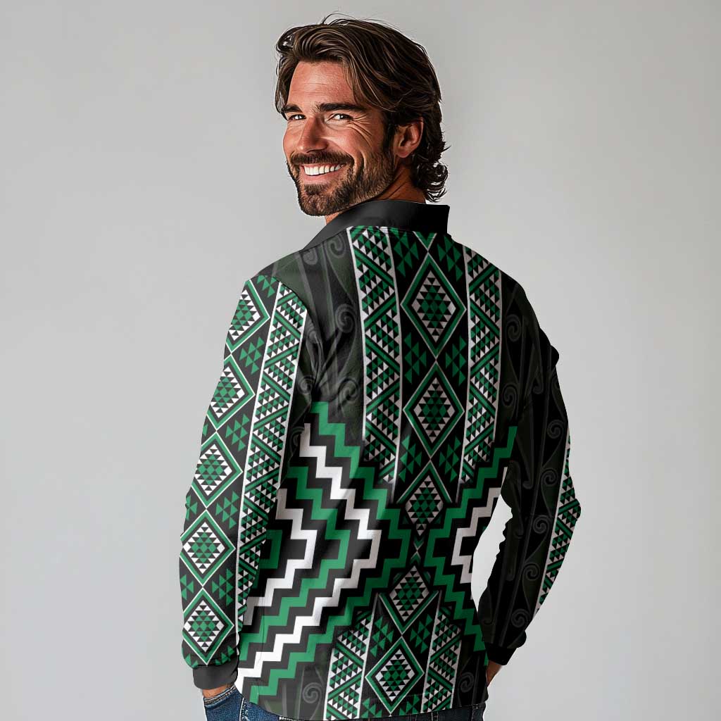 Jade Tukutuku Pattern Aotearoa Long Sleeve Polo Shirt Niho Taniwha and Puhoro Motifs